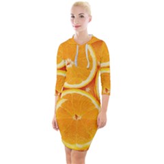 Oranges Textures, Close-up, Tropical Fruits, Citrus Fruits, Fruits Quarter Sleeve Hood Bodycon Dress by nateshop