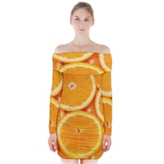 Oranges Textures, Close-up, Tropical Fruits, Citrus Fruits, Fruits Long Sleeve Off Shoulder Dress by nateshop