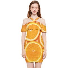 Oranges Textures, Close-up, Tropical Fruits, Citrus Fruits, Fruits Shoulder Frill Bodycon Summer Dress by nateshop