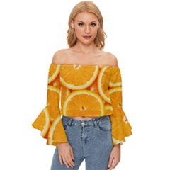 Oranges Textures, Close-up, Tropical Fruits, Citrus Fruits, Fruits Off Shoulder Flutter Bell Sleeve Top by nateshop