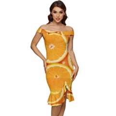 Oranges Textures, Close-up, Tropical Fruits, Citrus Fruits, Fruits Off Shoulder Ruffle Split Hem Bodycon Dress by nateshop