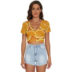 Oranges Textures, Close-up, Tropical Fruits, Citrus Fruits, Fruits V-neck Crop Top by nateshop