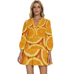 Oranges Textures, Close-up, Tropical Fruits, Citrus Fruits, Fruits V-neck Placket Mini Dress by nateshop