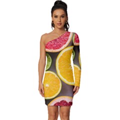 Oranges, Grapefruits, Lemons, Limes, Fruits Long Sleeve One Shoulder Mini Dress