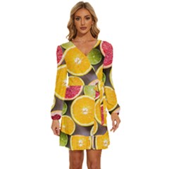 Oranges, Grapefruits, Lemons, Limes, Fruits Long Sleeve Waist Tie Ruffle Velvet Dress