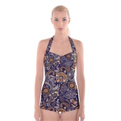 Paisley Texture, Floral Ornament Texture Boyleg Halter Swimsuit  by nateshop