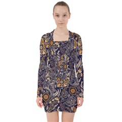 Paisley Texture, Floral Ornament Texture V-neck Bodycon Long Sleeve Dress by nateshop