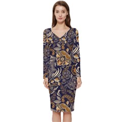 Paisley Texture, Floral Ornament Texture Long Sleeve V-neck Bodycon Dress  by nateshop