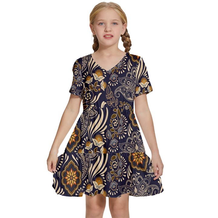 Paisley Texture, Floral Ornament Texture Kids  Short Sleeve Tiered Mini Dress