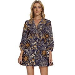 Paisley Texture, Floral Ornament Texture V-neck Placket Mini Dress by nateshop