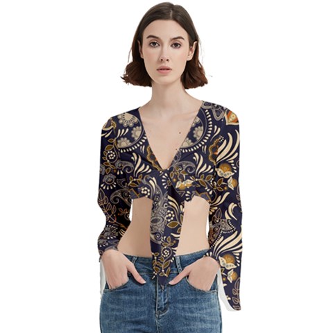 Paisley Texture, Floral Ornament Texture Trumpet Sleeve Cropped Top by nateshop