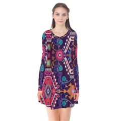 Pattern, Ornament, Motif, Colorful Long Sleeve V-neck Flare Dress by nateshop