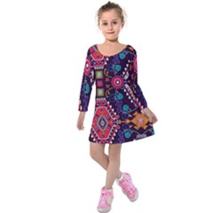 Pattern, Ornament, Motif, Colorful Kids  Long Sleeve Velvet Dress by nateshop