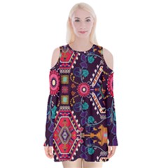 Pattern, Ornament, Motif, Colorful Velvet Long Sleeve Shoulder Cutout Dress by nateshop