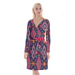 Pattern, Ornament, Motif, Colorful Long Sleeve Velvet Front Wrap Dress by nateshop