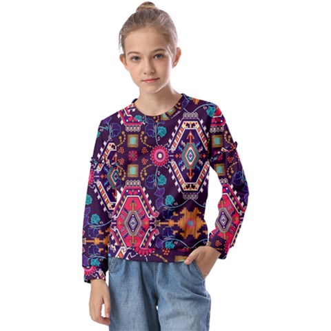 Pattern, Ornament, Motif, Colorful Kids  Long Sleeve T-shirt With Frill  by nateshop