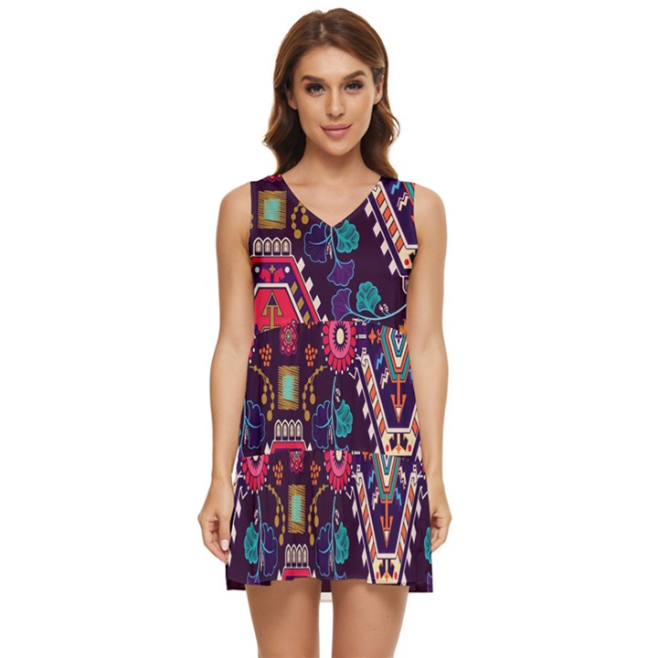 Pattern, Ornament, Motif, Colorful Tiered Sleeveless Mini Dress