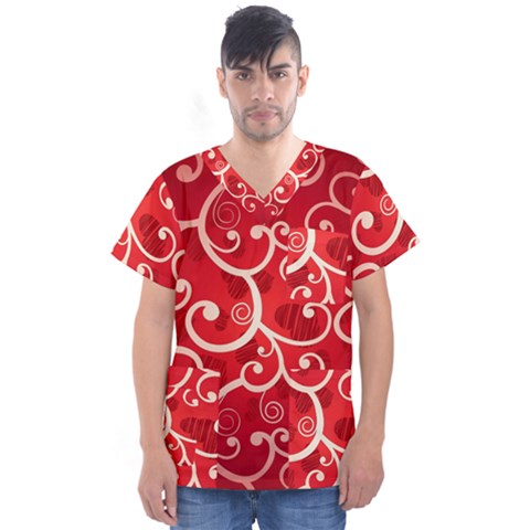 Patterns, Corazones, Texture, Red, Men s V-neck Scrub Top by nateshop