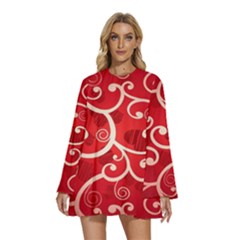 Patterns, Corazones, Texture, Red, Round Neck Long Sleeve Bohemian Style Chiffon Mini Dress by nateshop