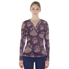 Paws Patterns, Creative, Footprints Patterns V-neck Long Sleeve Top by nateshop