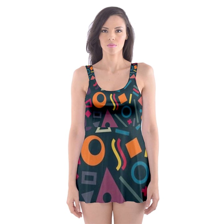 Random, Abstract, Forma, Cube, Triangle, Creative Skater Dress Swimsuit