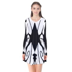 Black Silhouette Artistic Hand Draw Symbol Wb Long Sleeve V-neck Flare Dress by dflcprintsclothing