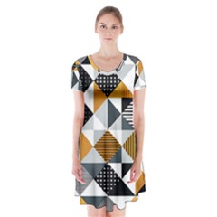 Pattern Tile Squares Triangles Seamless Geometry Short Sleeve V-neck Flare Dress