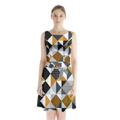 Pattern Tile Squares Triangles Seamless Geometry Sleeveless Waist Tie Chiffon Dress