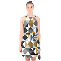 Pattern Tile Squares Triangles Seamless Geometry Halter Collar Waist Tie Chiffon Dress by Maspions