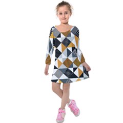 Pattern Tile Squares Triangles Seamless Geometry Kids  Long Sleeve Velvet Dress