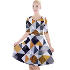 Pattern Tile Squares Triangles Seamless Geometry Quarter Sleeve A-line Dress