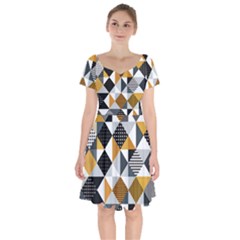 Pattern Tile Squares Triangles Seamless Geometry Short Sleeve Bardot Dress