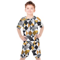 Pattern Tile Squares Triangles Seamless Geometry Kids  T-shirt And Shorts Set