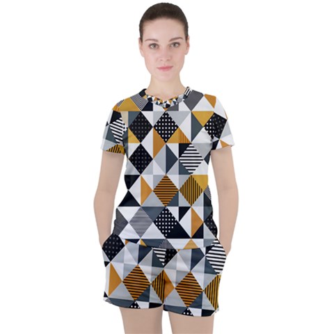 Pattern Tile Squares Triangles Seamless Geometry Women s T-shirt And Shorts Set by Maspions