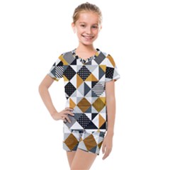 Pattern Tile Squares Triangles Seamless Geometry Kids  Mesh T-shirt And Shorts Set