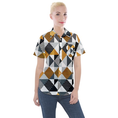 Pattern Tile Squares Triangles Seamless Geometry Women s Short Sleeve Pocket Shirt by Maspions