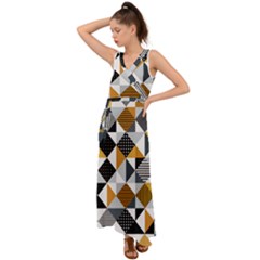 Pattern Tile Squares Triangles Seamless Geometry V-neck Chiffon Maxi Dress