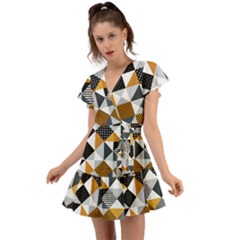 Pattern Tile Squares Triangles Seamless Geometry Flutter Sleeve Wrap Dress