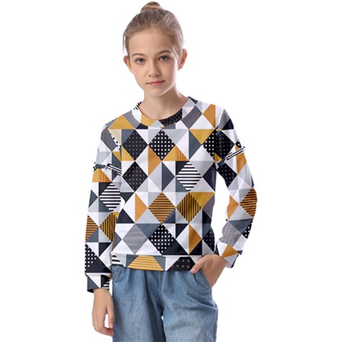 Pattern Tile Squares Triangles Seamless Geometry Kids  Long Sleeve T-shirt With Frill  by Maspions