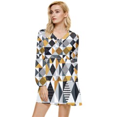 Pattern Tile Squares Triangles Seamless Geometry Tiered Long Sleeve Mini Dress by Maspions