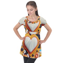 Valentine s Day Design Heart Love Poster Decor Romance Postcard Youth Fun Puff Sleeve Tunic Top