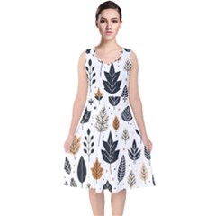 Autumn Leaves Fall Pattern Design Decor Nature Season Beauty Foliage Decoration Background Texture V-neck Midi Sleeveless Dress 