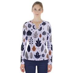 Autumn Leaves Fall Pattern Design Decor Nature Season Beauty Foliage Decoration Background Texture V-neck Long Sleeve Top