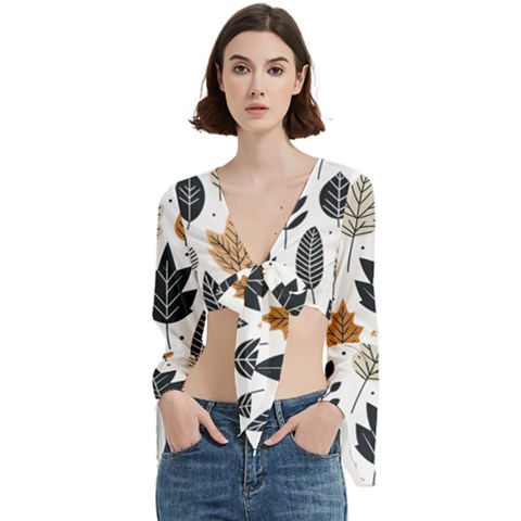 Autumn Leaves Fall Pattern Design Decor Nature Season Beauty Foliage Decoration Background Texture Trumpet Sleeve Cropped Top by Maspions