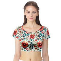 Flowers Flora Floral Background Pattern Nature Seamless Bloom Background Wallpaper Spring Short Sleeve Crop Top