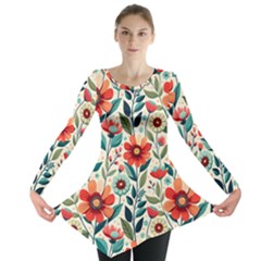 Flowers Flora Floral Background Pattern Nature Seamless Bloom Background Wallpaper Spring Long Sleeve Tunic 