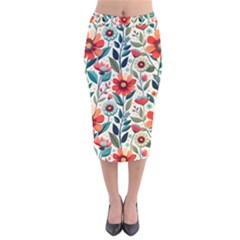 Flowers Flora Floral Background Pattern Nature Seamless Bloom Background Wallpaper Spring Velvet Midi Pencil Skirt