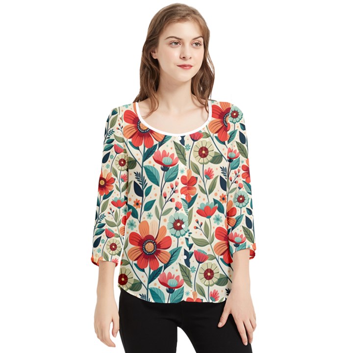 Flowers Flora Floral Background Pattern Nature Seamless Bloom Background Wallpaper Spring Chiffon Quarter Sleeve Blouse