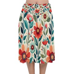 Flowers Flora Floral Background Pattern Nature Seamless Bloom Background Wallpaper Spring Velvet Flared Midi Skirt