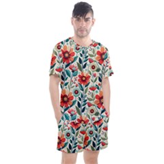 Flowers Flora Floral Background Pattern Nature Seamless Bloom Background Wallpaper Spring Men s Mesh T-shirt And Shorts Set